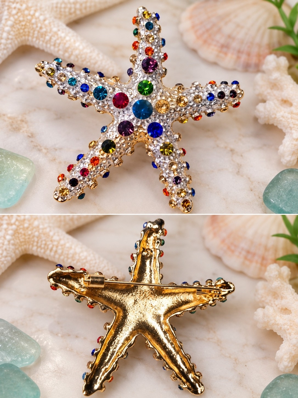 Multicolor Rhinestone Starfish Brooch ⭐